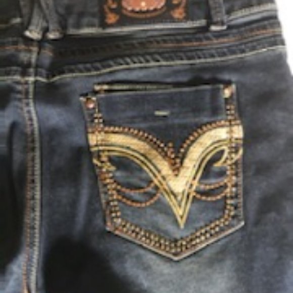 🔸3/50$!! NWOT Beautiful Gold Embroidered Curvy Pocket Boot Cut VO Jeans - Picture 14 of 15